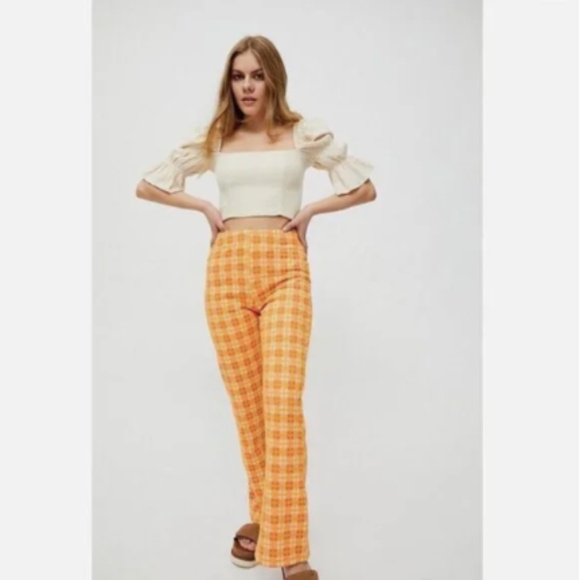 URBAN OUTFITTERS Knit Flare Checked Orange Pants High Waisted - Small - Picture 1 of 5
